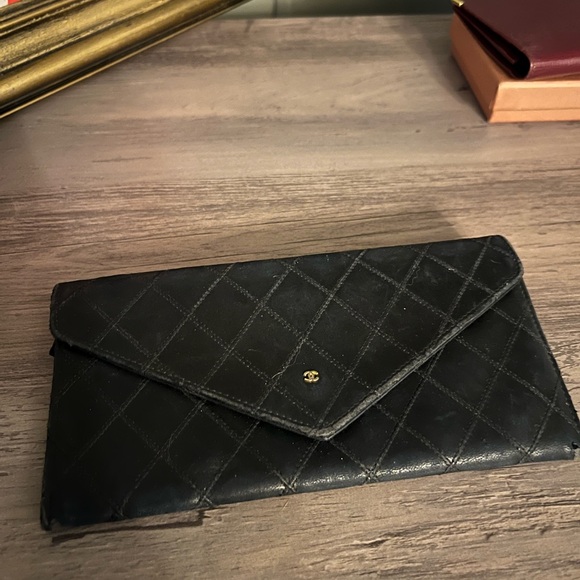 Vintage Black Quilted Lambskin Envelope Wallet with Gold CC...
